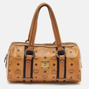 MCM Cognac Visetos Coated Canvas and Leather Boston Satchel