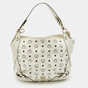 MCM White Visetos Coated Canvas and Leather Buckle Hobo