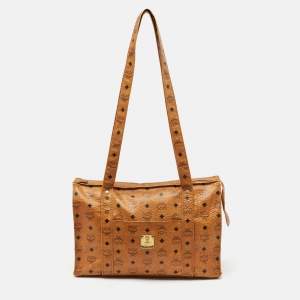 MCM Cognac Visetos Coated Canvas Top Zip Tote 