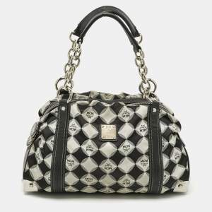 Pre Owned MCM Black Printed Fabric and Leather Zip Satchel