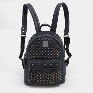 Pre Owned MCM Navy Blue Leather Diamond Studs Stark Backpack