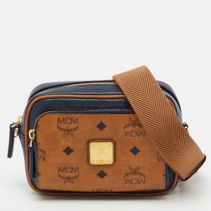 Pre Owned MCM Tan/Navy Blue Leather and Visetos Coated Canvas Small Klassik Crossbody Bag
