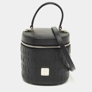 Pre Owned MCM Black Logo Embossed Leather Cylinder Bag