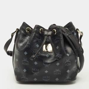 مملوكة مسبقًا حقيبة باكت إم سي إم سوداء قماش فيزيتوس مقوى وجلد دانتيل