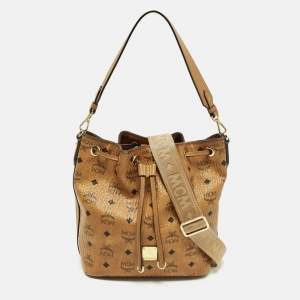 مملوكة مسبقًا MCM Cognac Visetos Coated Canvas Drawstring Bucket Bag