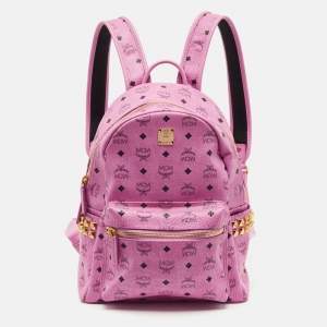 Pre Owned MCM Stark Small-Medium Pink Visetos Coated Canvas Side Studs Backpack