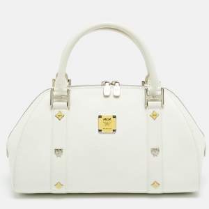 مملوكة مسبقًا MCM Enamel Logo White Leather Zip Satchel