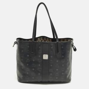 Pre Owned MCM Liz Reversible Black Visetos Coated Canvas and Fabric Tote