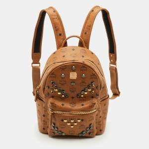 مملوكة مسبقًا MCM Studded Stark Medium Tan Visetos Coated Canvas And Leather Backpack