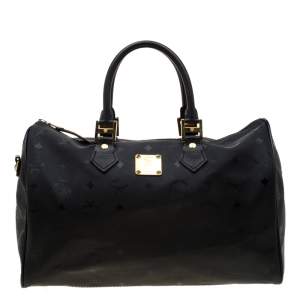 MCM Black Signature Visetos Nylon and Leather Heritage Boston Bag