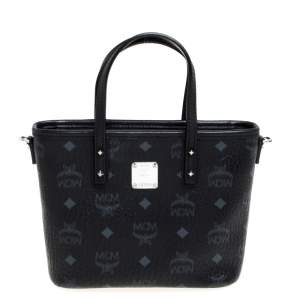 Pre Owned MCM Black Visetos Coated Canvas and Leather Mini Anya Zip Tote