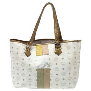 Pre Owned MCM White Visetos Coated Canvas and Leather Medium Princess Lion Shopper Tote