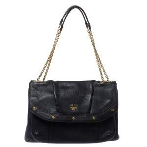 Pre Owned MCM Black Leather Studded Flap Shoulder Bag
