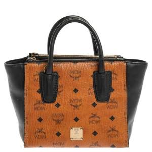 Pre Owned MCM Black/Cognac Visetos Coated Canvas and Leather Small Kathy Tote