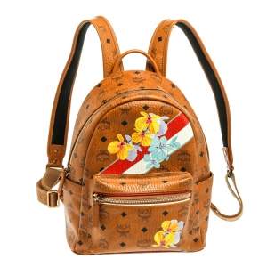 Pre Owned MCM Tan Floral Print Coated Canvas Small Stark Backpack