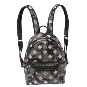 Pre Owned MCM Black/Grey Munich Lion Camo Print Coated Canvas and Leather Stark Backpack