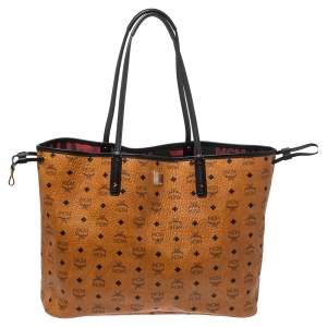 Pre Owned MCM Cognac/Black Visetos Coated Canvas And Leather Large Anya Tote