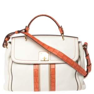 Pre Owned MCM White/Orange Leather and Croc Embossed Leather Flap Top Handle Bag