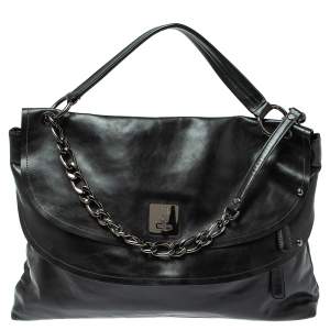 Pre Owned MCM Black Leather Turlock Double Flap Top Handle Bag
