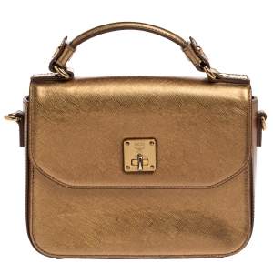 MCM Metallic Gold Leather Flap Top Handle Bag