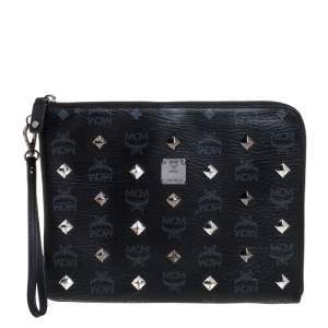 MCM Black Visetos Coated Canvas Studded Wristlet Clutch