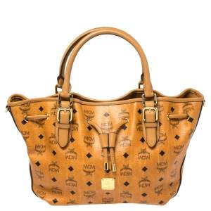 Pre Owned MCM Brown Cognac Visetos Coated Canvas Drawstring Bucket Bag