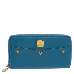 MCM Cornflower Blue Leather Zip Around Continental Wallet