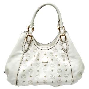 Pre Owned MCM White Visetos Coated Canvas and Leather Shoulder Bag