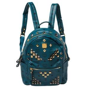 Pre Owned MCM Blue Coated Canvas and Leather Small Studs Stark Backpack