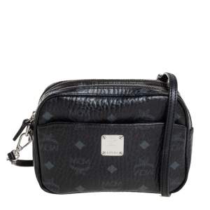 MCM Black Visetos Coated Canvas Double Zip Camera Crossbody Bag