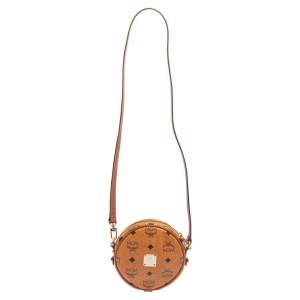 Pre Owned MCM Cognac Visetos Coated Canvas Heritage Tambourine Shoulder Bag
