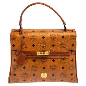 MCM Cognac Visetos Coated Canvas and Leather Heritage Top Handle Bag