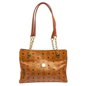 MCM Cognac Visetos Coated Canvas and Leather Chain Tote