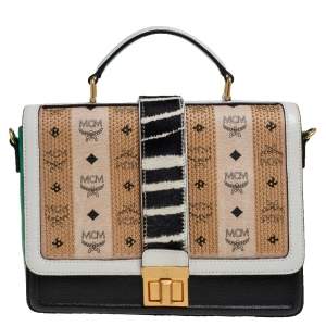 Pre Owned MCM Multicolor Visetos Coated Canvas and Zebra Print Calf Hair Little Veronika Top Handle Bag