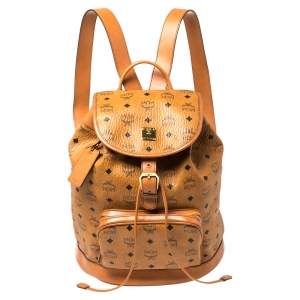 MCM Cognac Visetos Coated Canvas and Leather Medium Brandenburg Drawstring Backpack