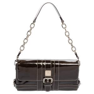 MCM Brown Patent Leather Buckle Detail Flap Shoulder Bag