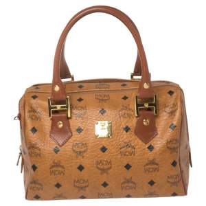 MCM Cognac Visetos Coated Canvas Small Heritage Boston Bag