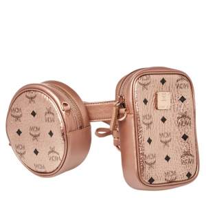MCM Metallic Rose Gold Visetos Coated Canvas and Leather Double Belt Bag 