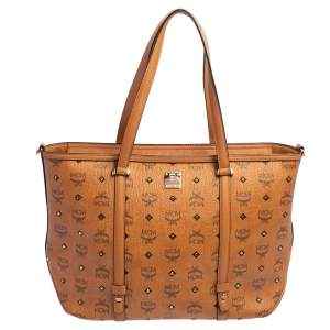 Pre Owned MCM Cognac Visetos Coated Canvas and Leather Shopper Tote