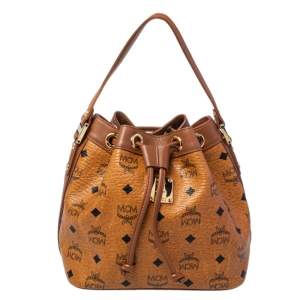 مملوكة مسبقًا MCM Cognac Visetos Coated Canvas Heritage Drawstring Bucket Bag
