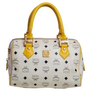 Pre Owned MCM White/Yellow Visetos Leather Small Heritage Boston Bag