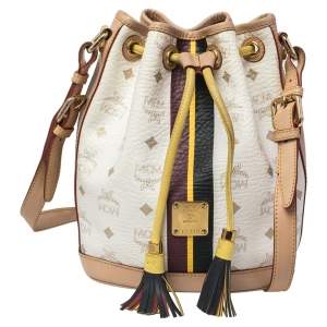 مملوكة مسبقًا MCM White/Tan Visetos Coated Canvas Heritage Drawstring Bucket Bag