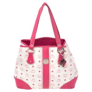 Pre Owned MCM Pink/White Visetos Coated Canvas and Leather Charm Tote