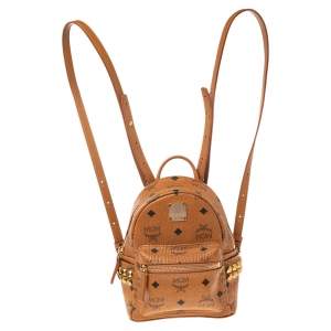 Pre Owned MCM Cognac Visetos Studded Mini Stark Bebe Boo Backpack