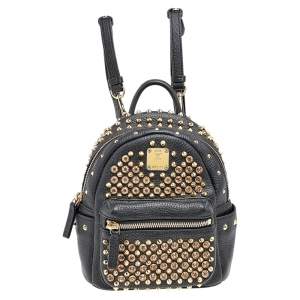 Pre Owned MCM Black Crystal Embellished Leather X Mini Strak Backpack