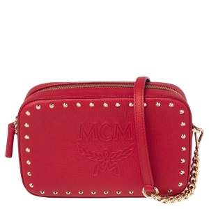 MCM Red Leather Chanswell Studded Camera Bag
