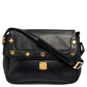MCM Black Leather Embellished Flap Crossbody Bag