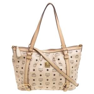 Pre Owned MCM Cream/Beige Visetos Coated Canvas and Leather Shopper Tote