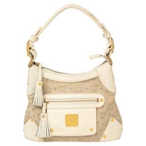 MCM Beige Signature Canvas and Leather Studded Hobo 