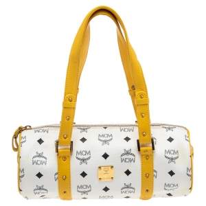 MCM White/Yellow Visetos Coated Canvas and Leather Mini Rolle Boston Bag